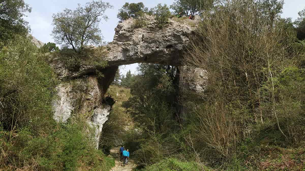 Vista a un puente natural formado de piedra, por debajo pasa un camino rodeado de naturaleza