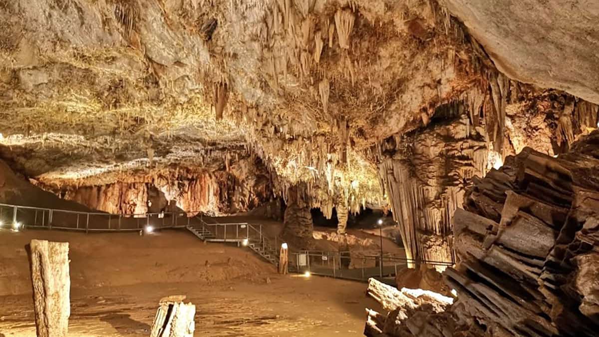Vista interior de la cueva con estalactitas, estalagmitas y la pasarela metálica con escaleras